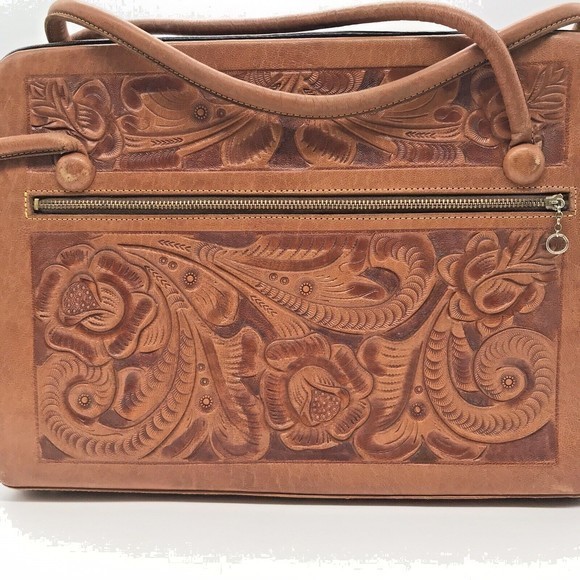 Vintage 60s Gaitan Artisan Hand Tooled Carved Leather Double Handle Purse Mexico - Picture 2 of 12